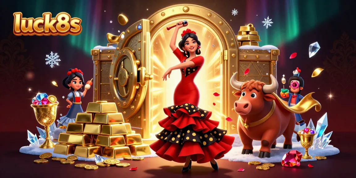 Experience the excitement of luck8s with a vibrant casino scene featuring a flamenco dancer, golden treasures, and dynamic game elements.