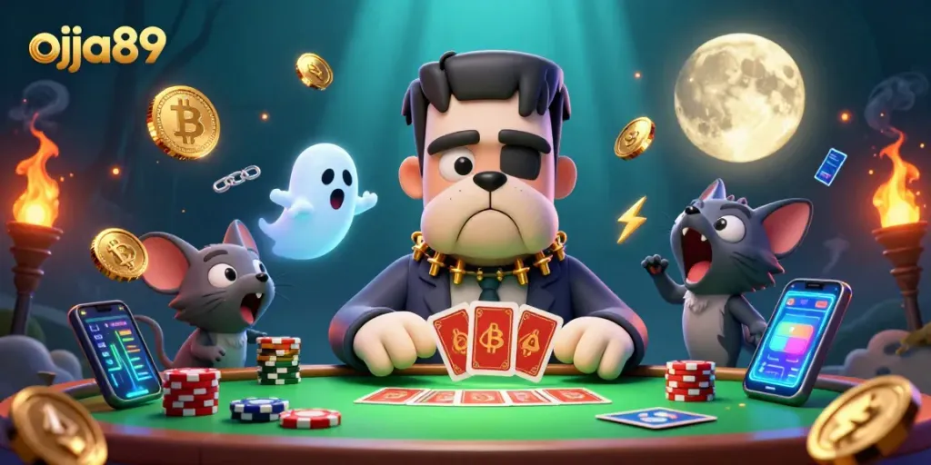 Permainan kartu seru di kasino oja89 dengan anjing Frankenstein dan kucing werewolf.