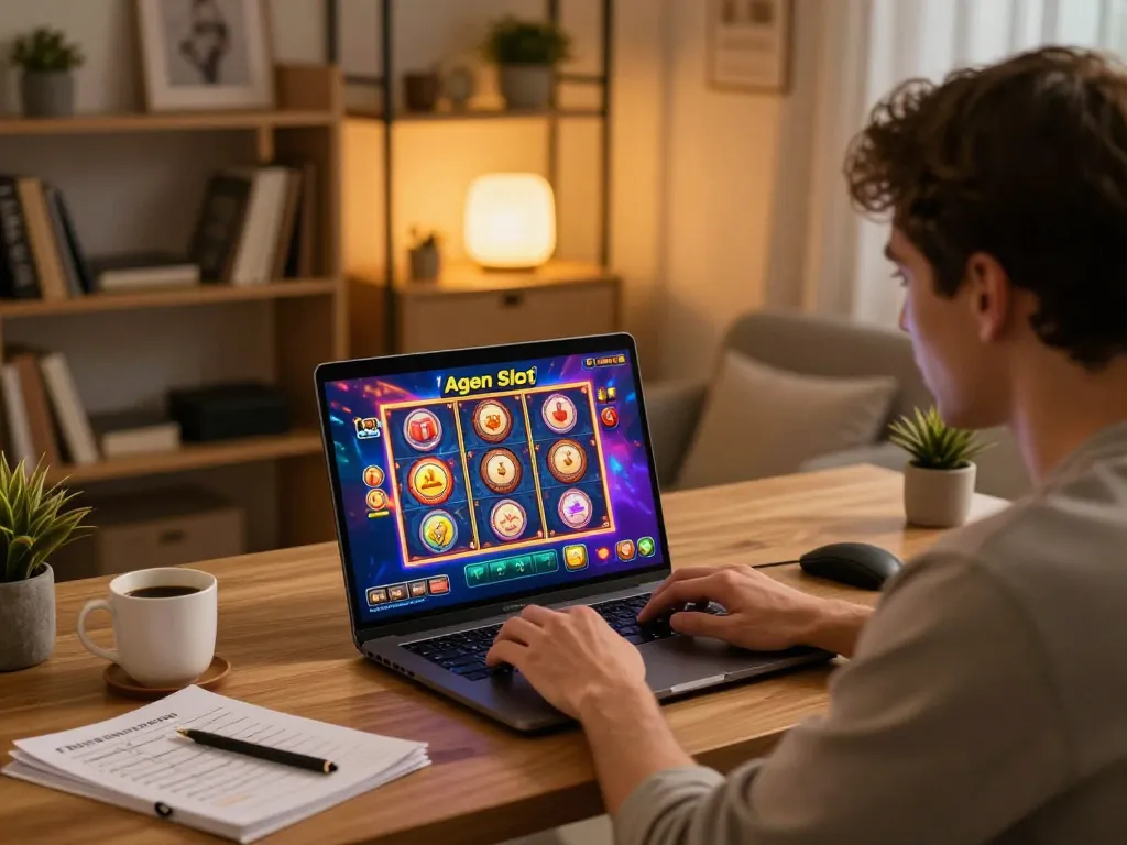 A man enjoying Agen Slot online gaming on his laptop in a cozy home office