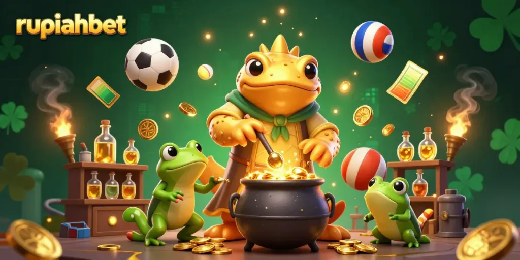 Experience excitement with rupiahbet in a dynamic 3D casino scene filled with golden treasures and sports elements.