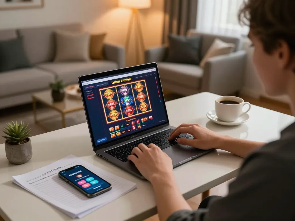 IDNSCORE online gaming experience on a laptop at home desk with vibrant slot games.