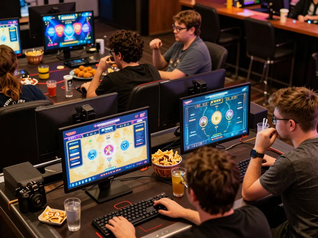 MPO08 players engaging in a thrilling online gaming tournament with multiple screens