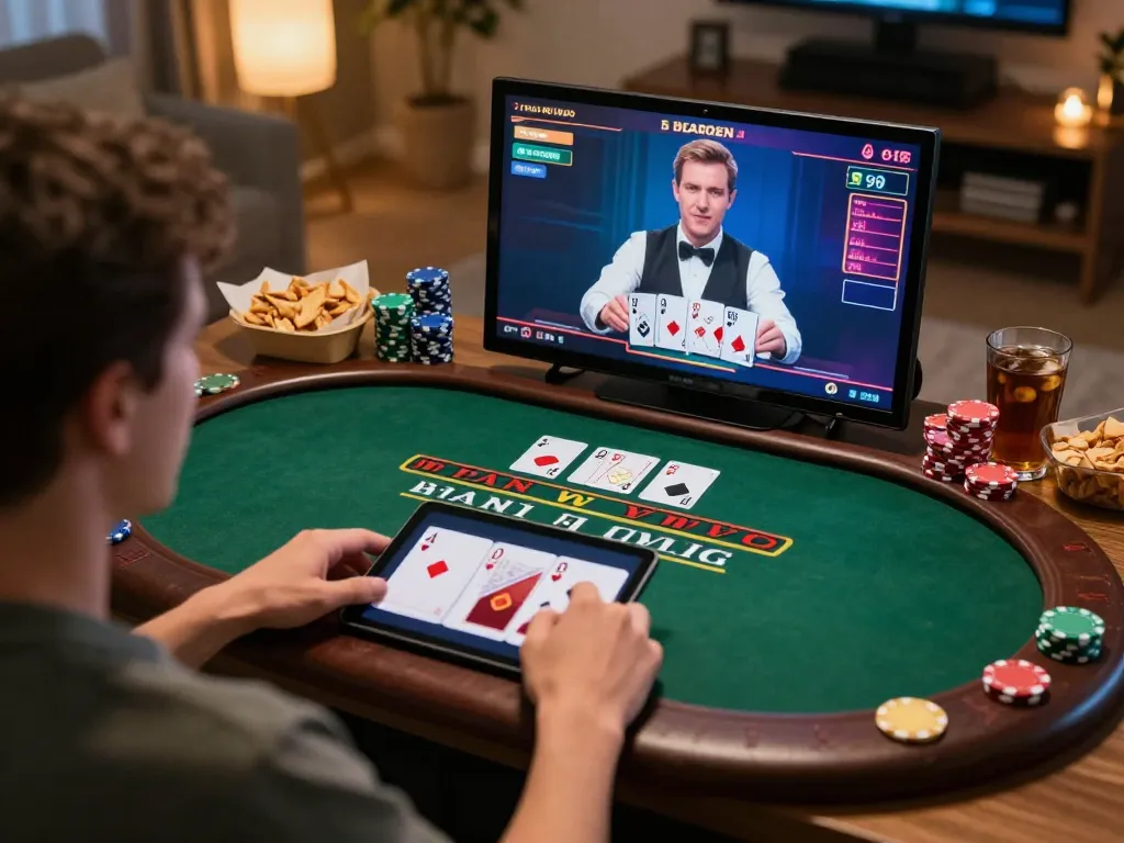 Player enjoying llwin online blackjack with live dealer, showcasing a strategic gaming moment at home