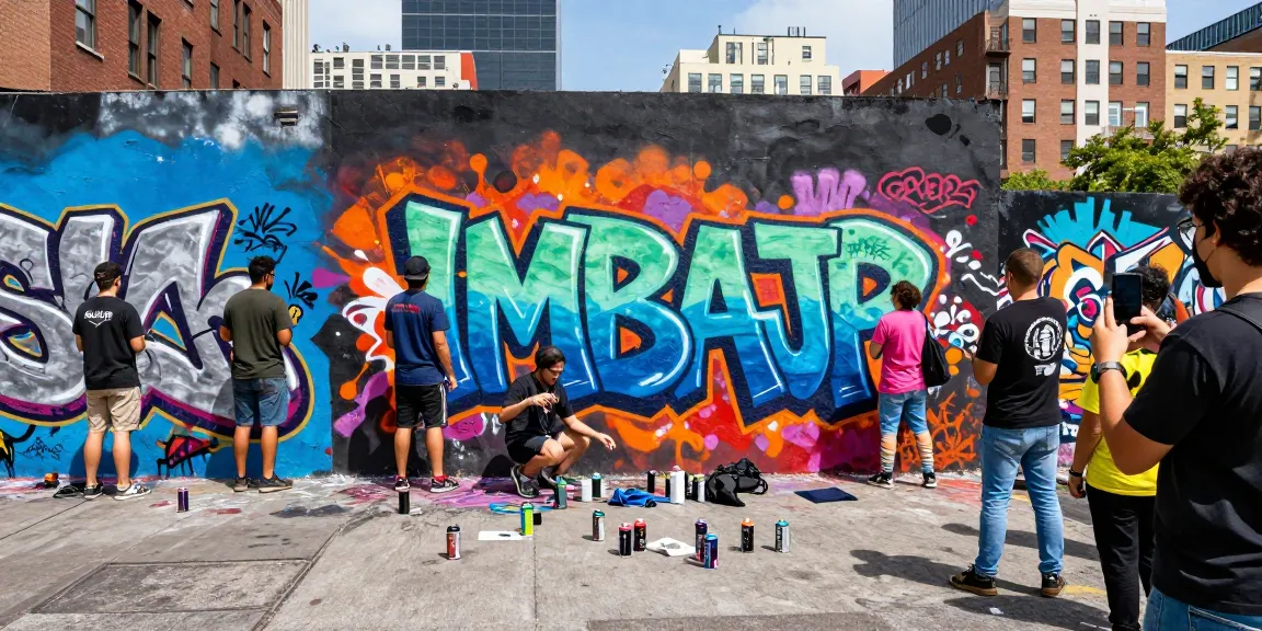 Grafiti "IMBAJP" yang dihiasi seniman lokal di lingkungan perkotaan yang hidup.