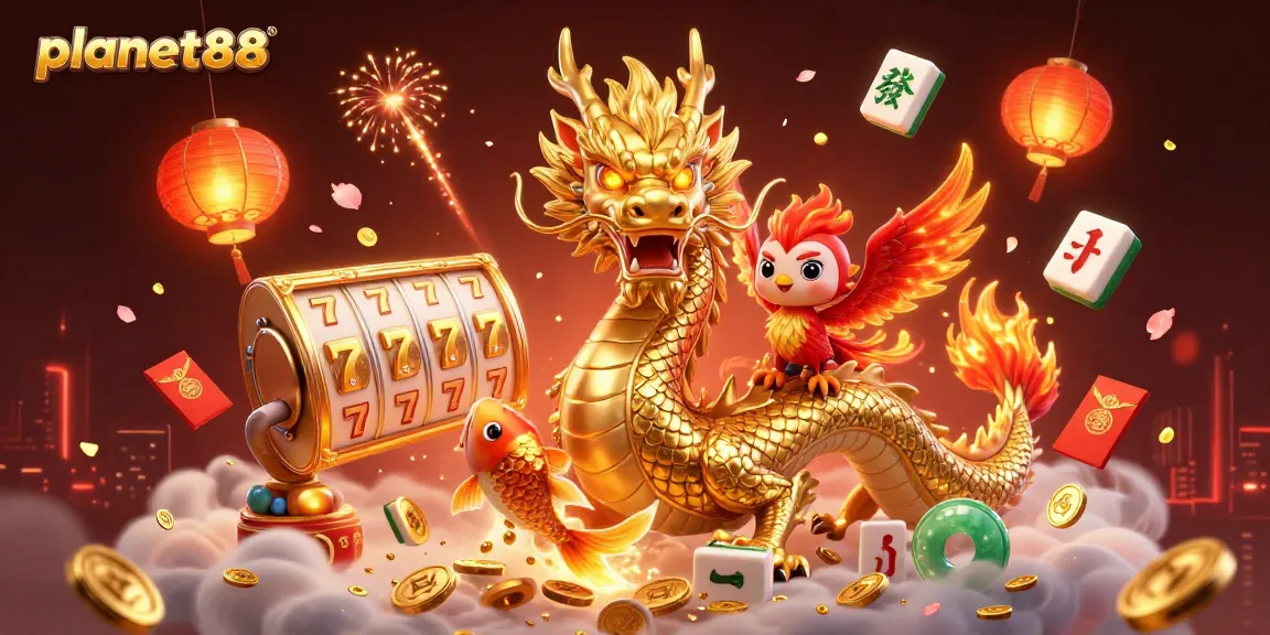 Experience thrilling gameplay at planet88 with a vibrant 3D scene of dragon, phoenix, and koi fish.