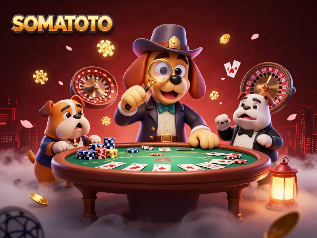 Join SOMATOTO as you explore poker thrills with a detective and his trusty bulldog amidst vibrant casino elements.