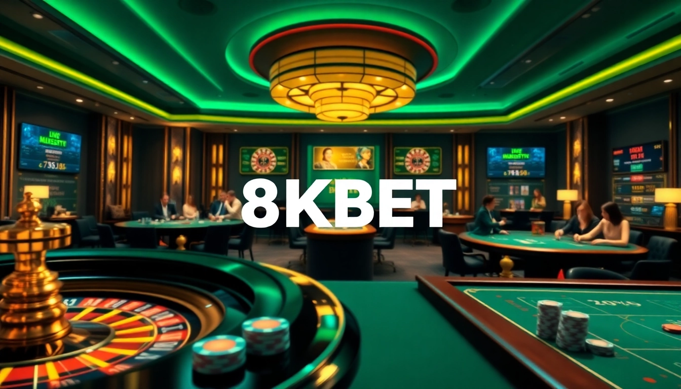 Experience 8KBET's luxury atmosphere with engaging casino gameplay, roulette, and vibrant gaming elements.