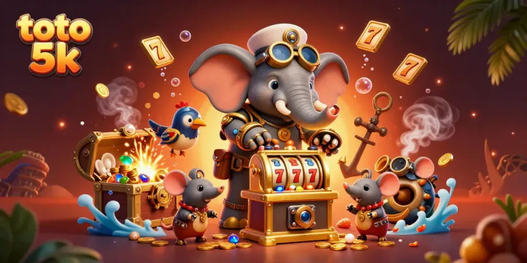 Experience the excitement of toto 5k with a lively scene depicting a steampunk elephant operating a golden slot machine.