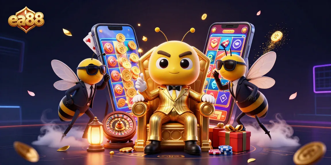 ea88 casino illustration with a bumblebee mob boss surrounded by games and treasures