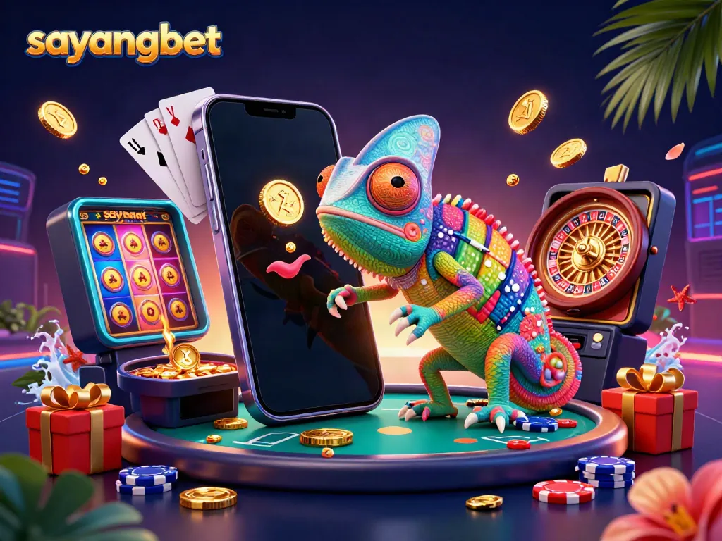 Engage with sayangbet's dynamic casino scene featuring a chameleon owner and exploding slot game.