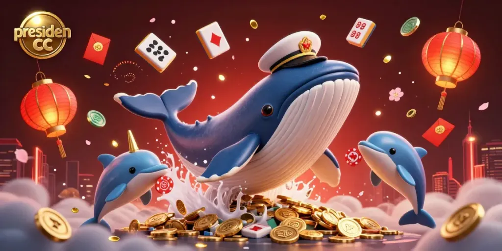 Engage in thrilling games at presiden cc with a colorful scene of a whale and dolphins amidst coins and festive elements.