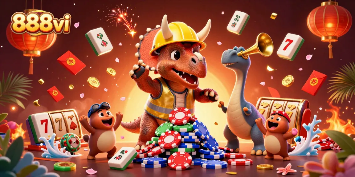 Join the celebration at 888vi as a triceratops builds poker chip pyramids with festive elements.