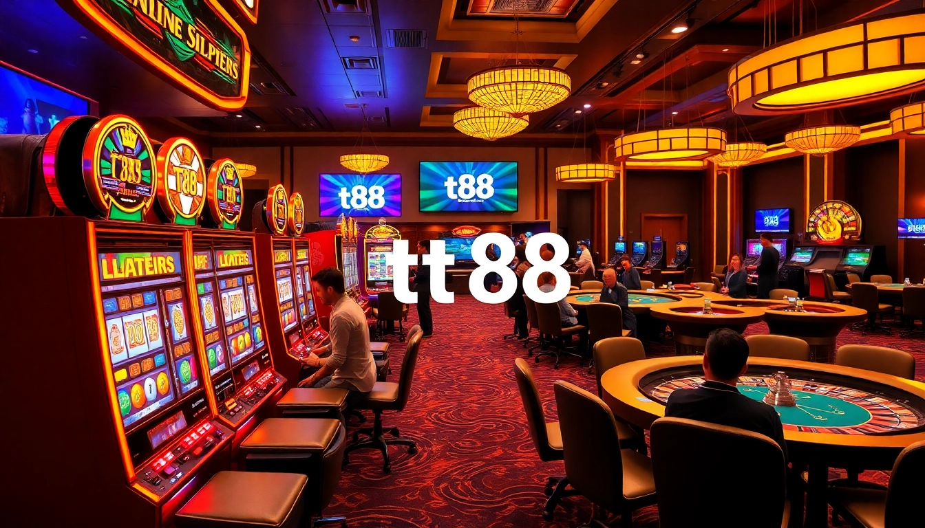 Players celebrating big wins at tt88's vibrant casino scene filled with slot machines and poker tables.