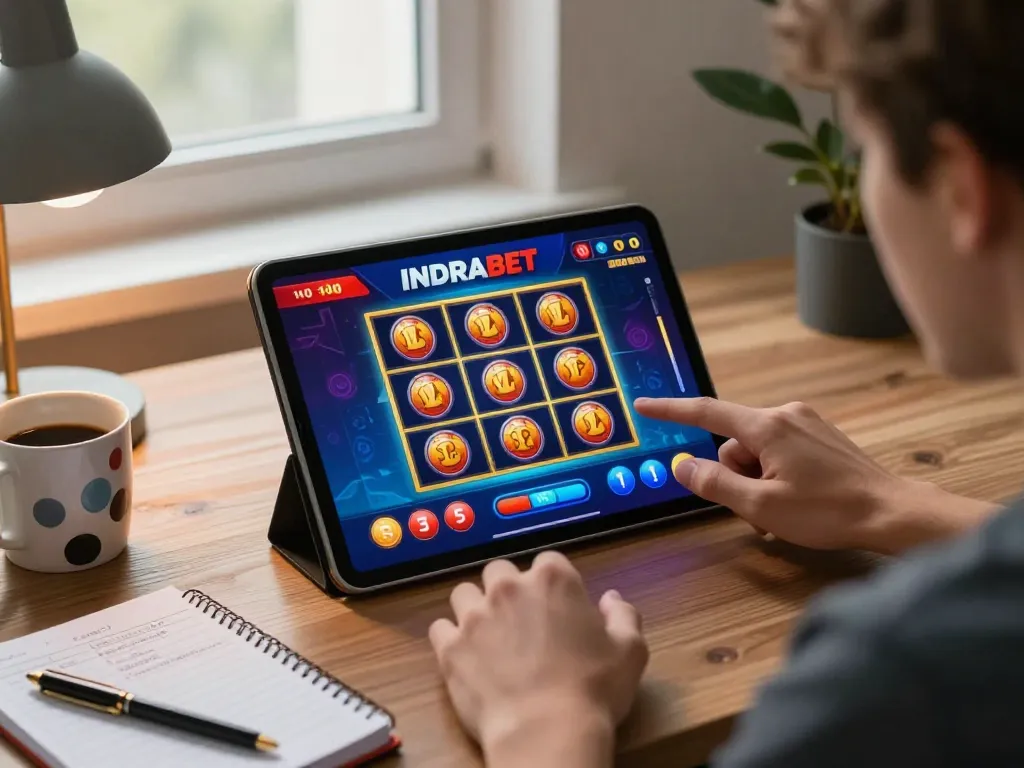 Engage with INDRABET slot games on a sleek tablet, showcasing colorful reels and active gameplay in a cozy home setup.