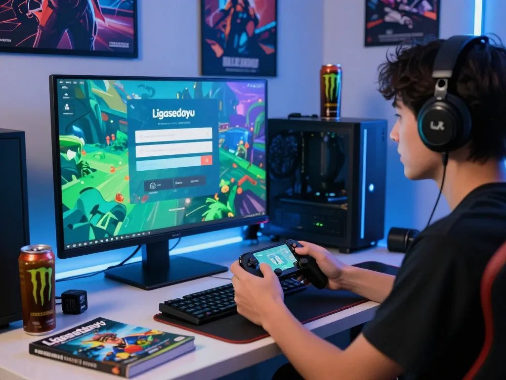 Engaged player using ligasedayu login on a vibrant gaming setup, showcasing modern gaming tools and excitement.