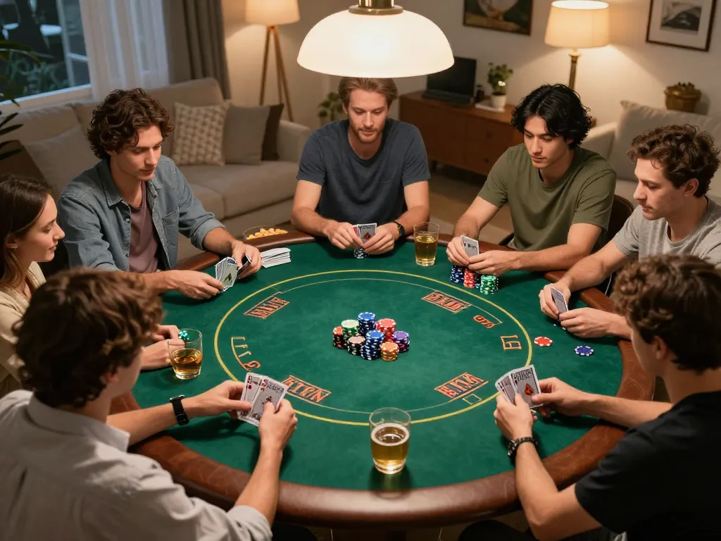 Friends enjoy a lively poker game night at home, embodying the gaming spirit of uu88.