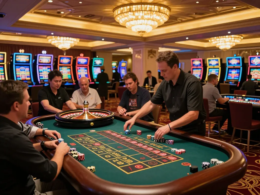 Pemain di meja roulette memasang taruhan dalam suasana kasino m88 yang hidup dengan dekorasi mewah