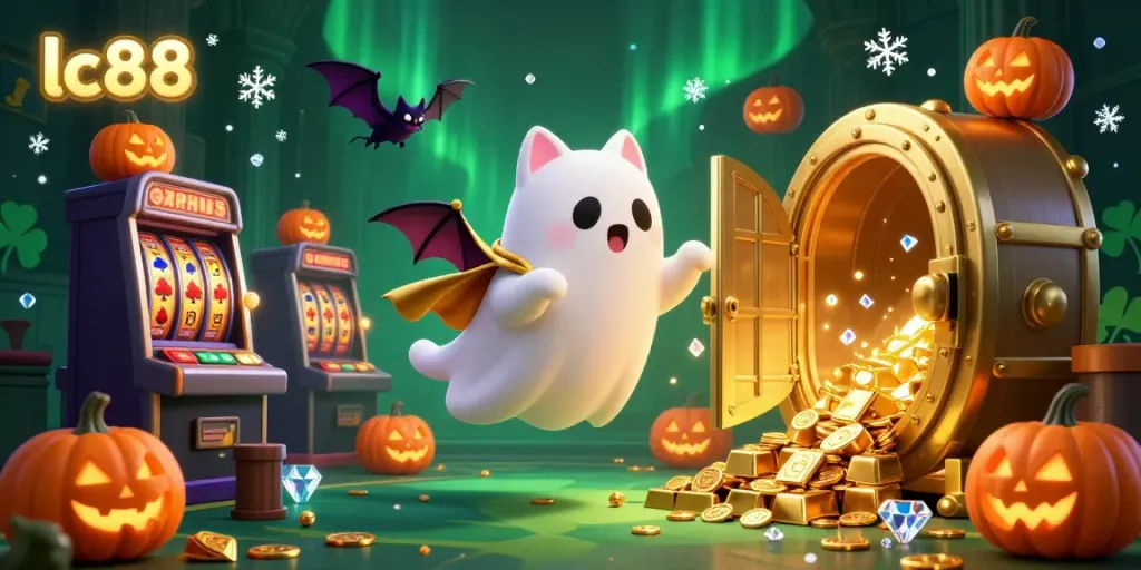 Engage with lc88's haunted casino adventure featuring a ghost cat and vibrant slot reels.
