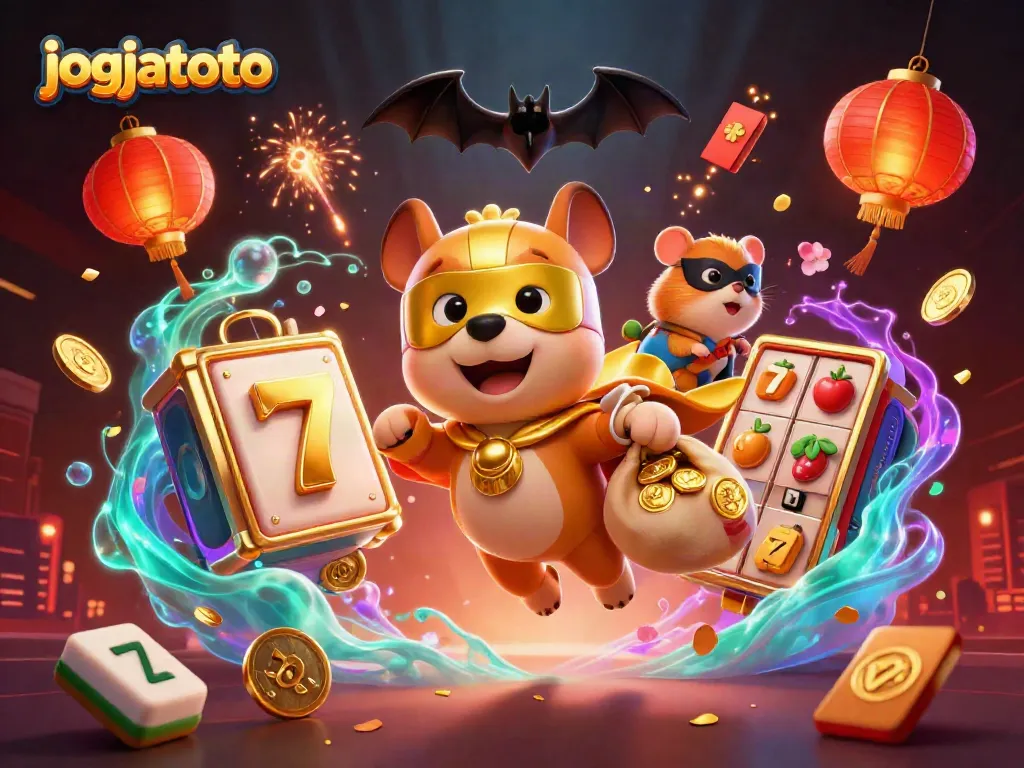 Join the excitement of jogjatoto with a superhero dog and thrilling slot game elements in this vibrant casino scene.