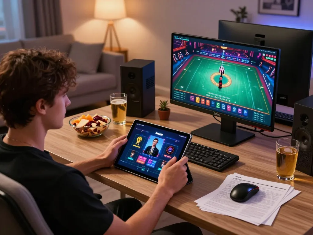 Engaging with the Sunwin app on a tablet in a stylish home office setup showing strategic gameplay.
