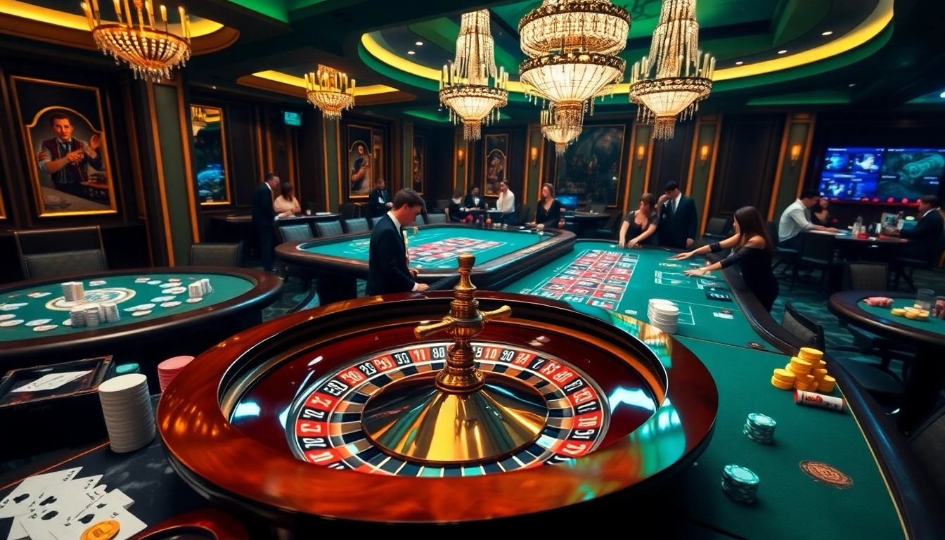 Exciting C168 online gambling scene with casino tables, cards, and roulette wheel.