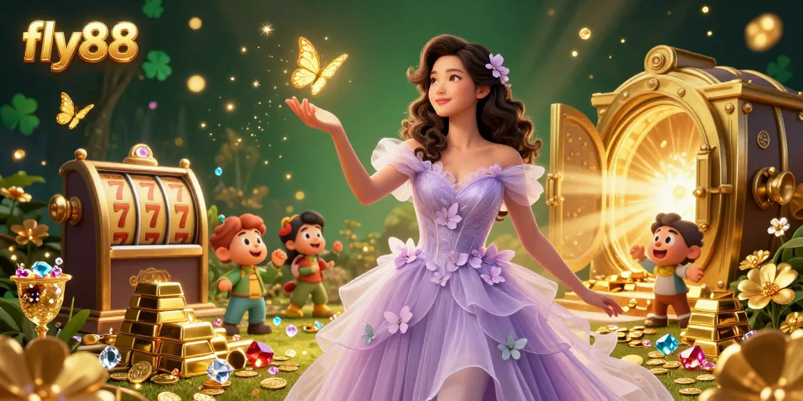 Experience the thrill of gambling with fly88 as colorful slot reels and lucky symbols surround a stunning Asian woman.