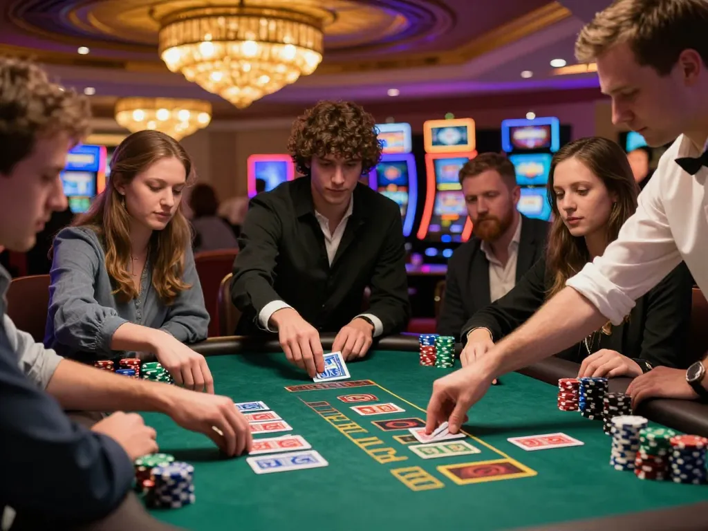 hubet players strategizing their moves at a blackjack table in an upscale casino