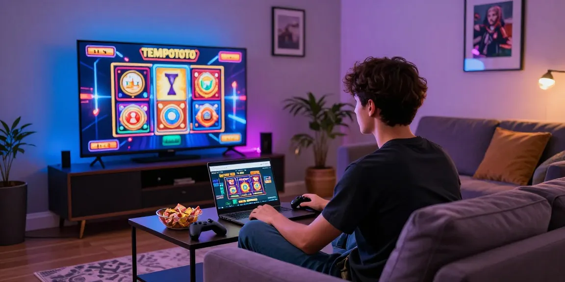 Exciting toto slot gaming session in a modern living room with vibrant graphics and engaging atmosphere.