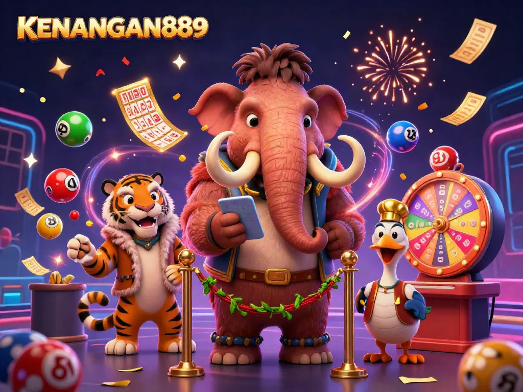 Win big with KENANGAN889's vibrant lottery scene featuring dynamic characters and exciting elements.
