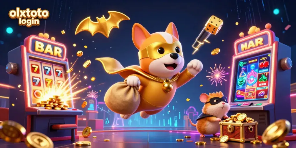 Experience the thrill of olxtoto login with a superhero dog and hamster as they soar through a vibrant casino world.