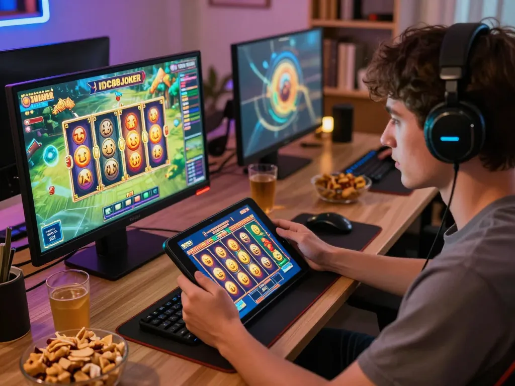 Engaging gameplay session on IDC88JOKER platform with animated slot reels visible.