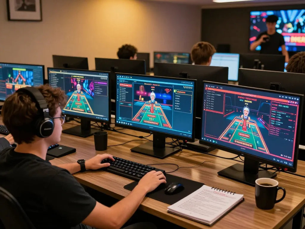 IDNSCORE gamer engaging in online tournament gameplay with multiple screens showcasing casino games