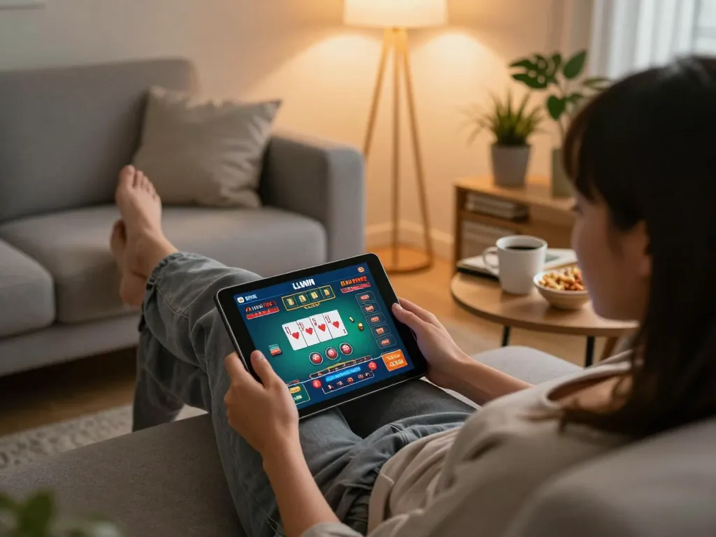Engaging in LLWIN online gaming from a cozy home setup while enjoying snacks
