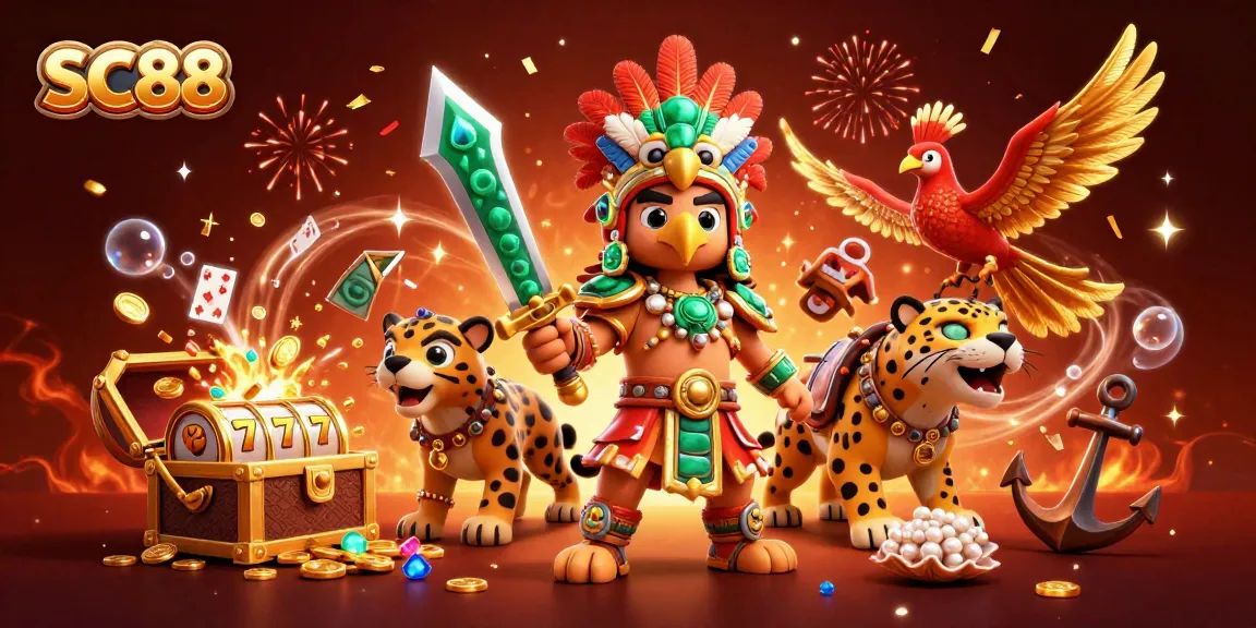 Experience thrilling wins at SC88 with a vibrant, action-packed casino illustration featuring dynamic characters and rich game elements.