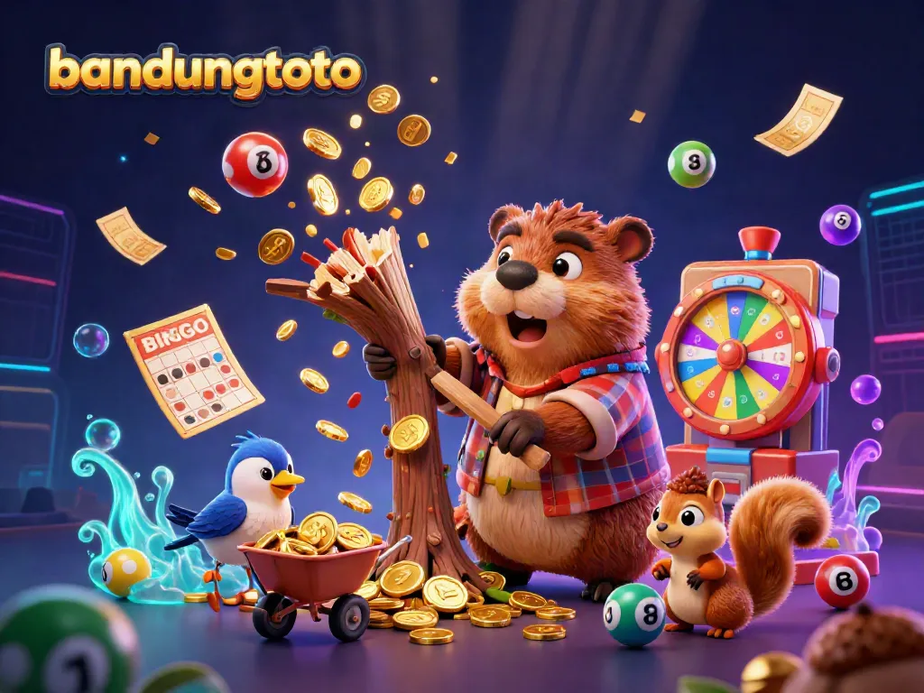 Experience the thrill with bandungtoto in this vibrant 3D cartoon scene featuring a beaver and friends collecting golden coins.