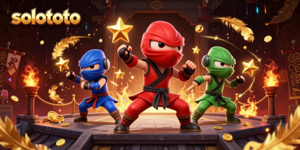 Solototo menghadirkan tim ninja chameleon beraksi di arena taruhan dengan efek cahaya dramatis.