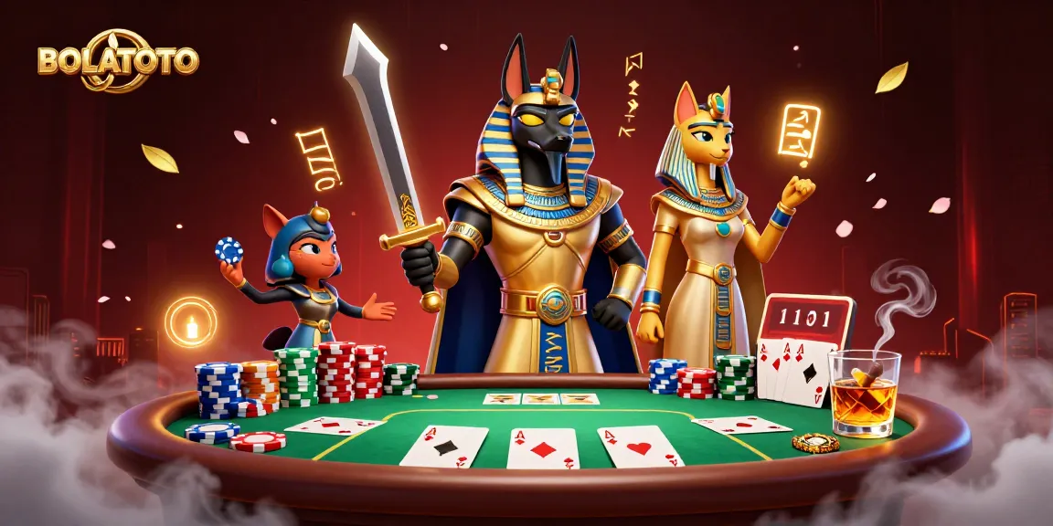 Memenangkan permainan poker di BOLATOTO dengan Anubis dan Bastet dalam ilustrasi 3D yang kaya elemen.