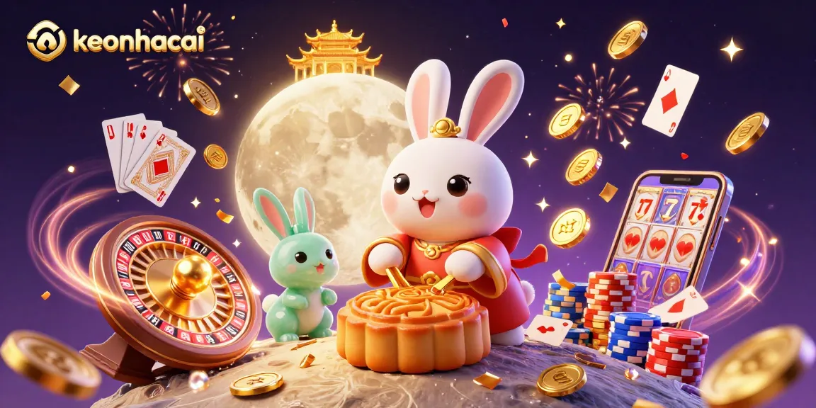 Experience keonhacai's vibrant casino scene with a playful moon rabbit and dynamic gaming elements.