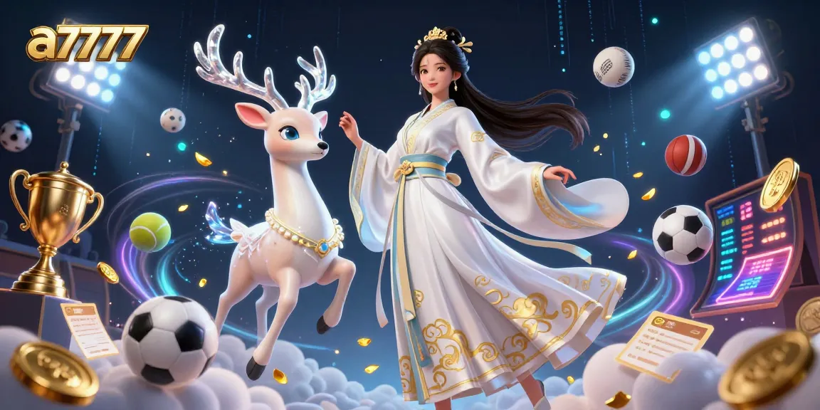 A7777 casino scene with a semi-realistic Asian woman, trophy, sports elements, and vibrant graphics.