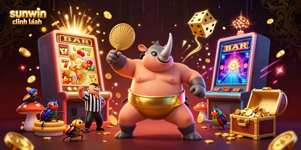 Experience the excitement of sunwin chính hãng with a lively casino-themed illustration featuring a sumo champion beetle amidst a jackpot explosion.