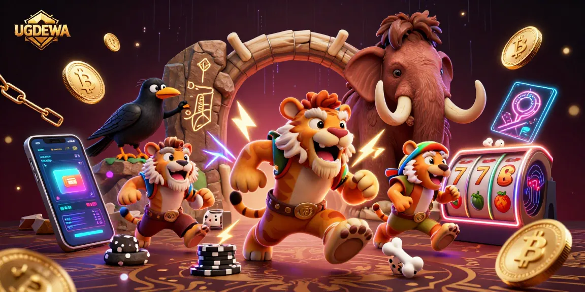 Engage with UGDEWA's vibrant prehistoric casino experience featuring lively characters and slot reels.