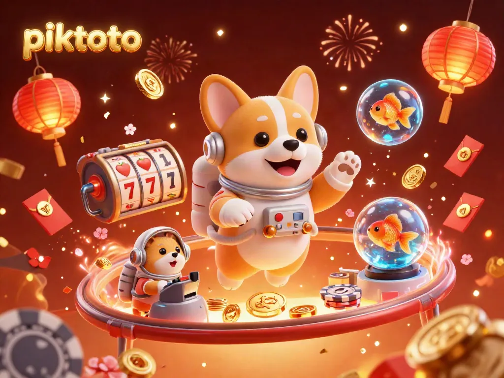 Join the piktoto gaming adventure with a floating cartoon astronaut corgi celebrating in a vibrant casino.