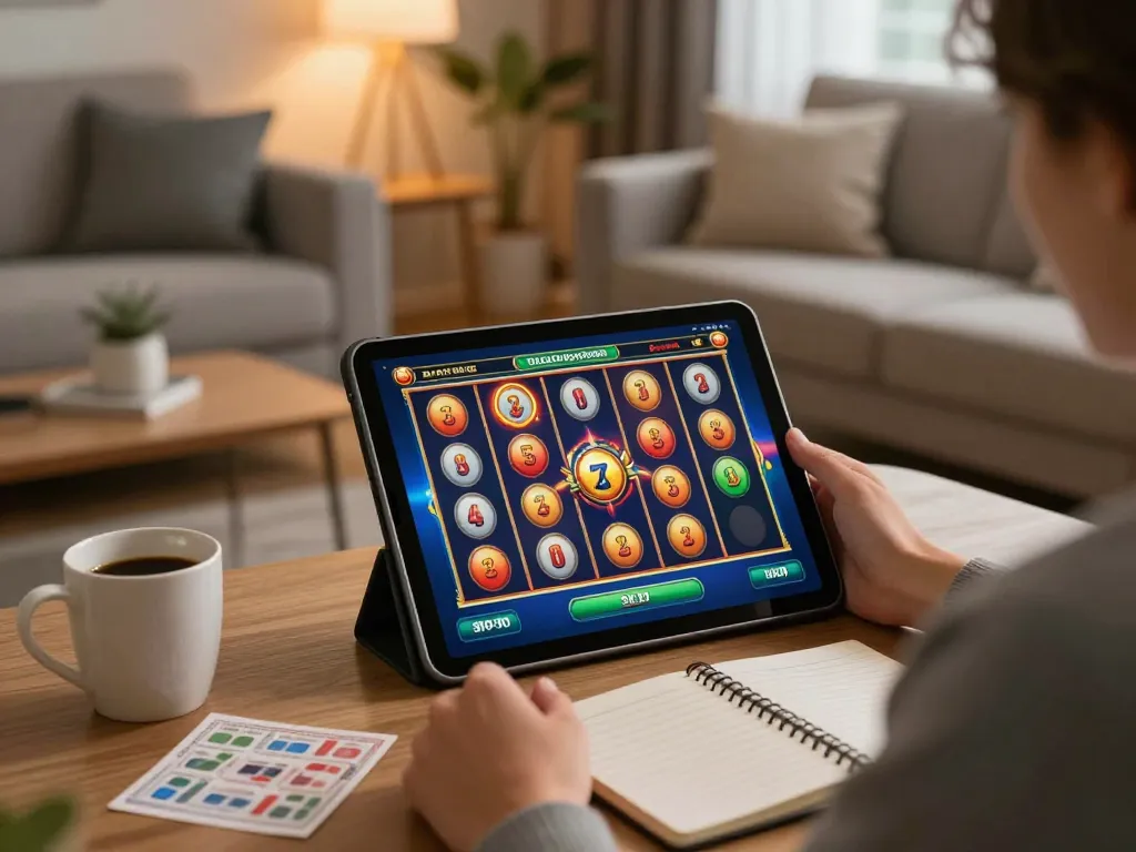 Engaged player using jangkar55 online casino app for an exciting slot game experience in cozy home.