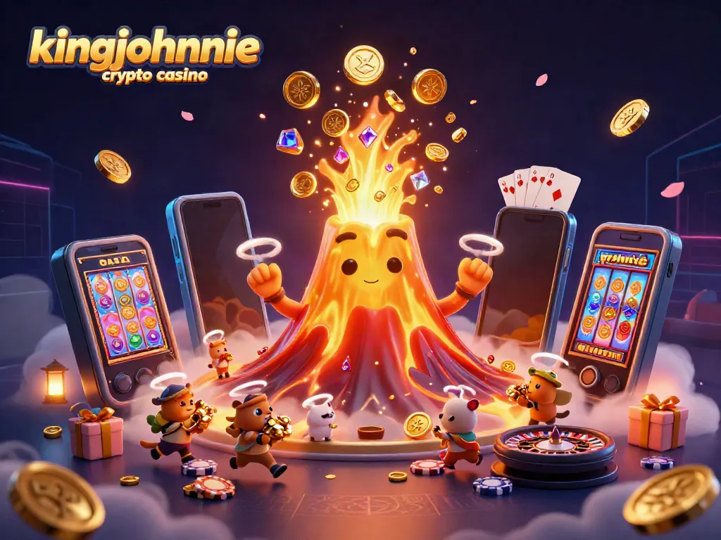 Experience the thrills at kingjohnnie crypto casino with golden volcano and treasure, surrounded by vibrant game elements.