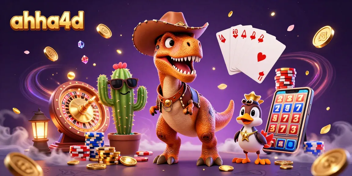 ahha4d features a vibrant T-Rex cowboy and friends celebrating big wins in a dynamic casino scene.