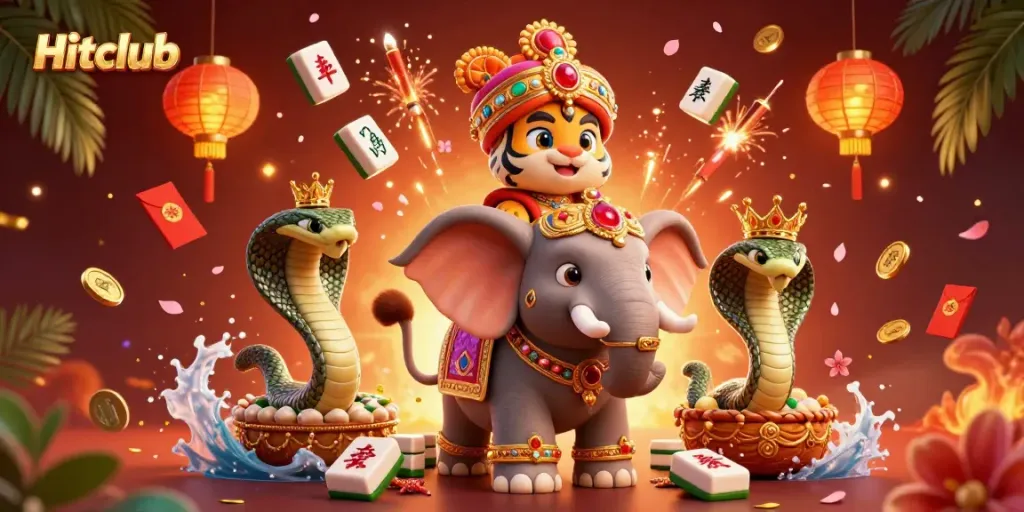 Experience Hitclub's vibrant casino world with a 3D tiger maharaja, jewel-encrusted elephant, and festive elements.
