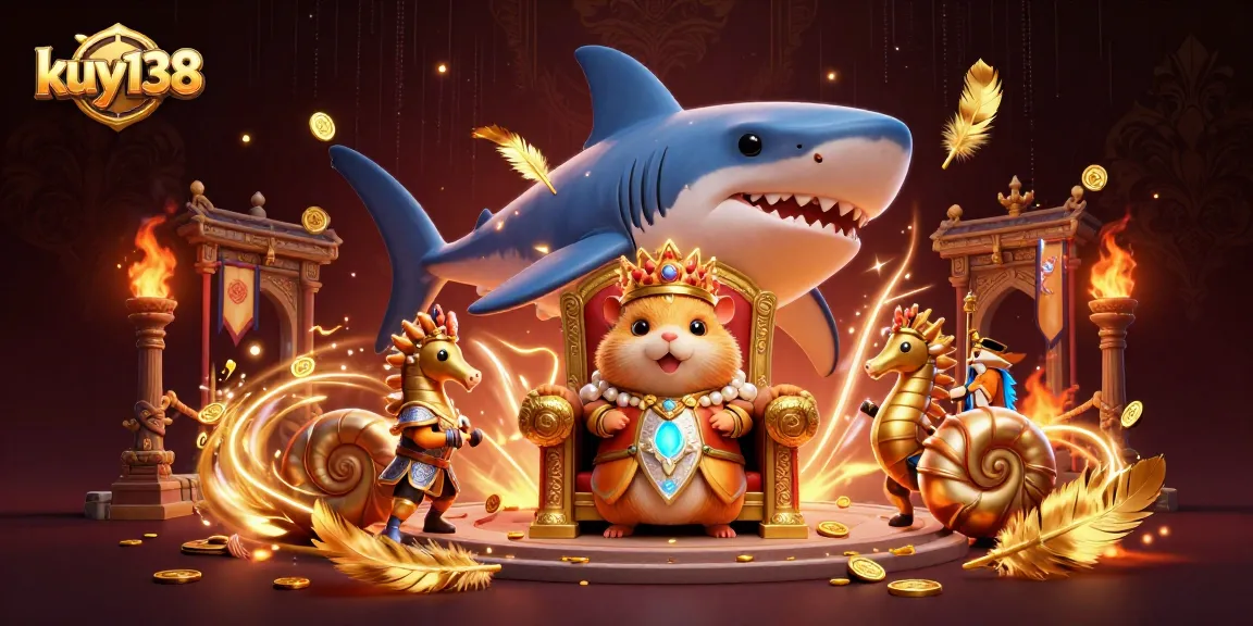 Kuy138 menghadirkan gambar ilustrasi tiga dimensi dengan raja hamster emas yang berani dan penjaga kuda laut dalam suasana kasino yang megah.