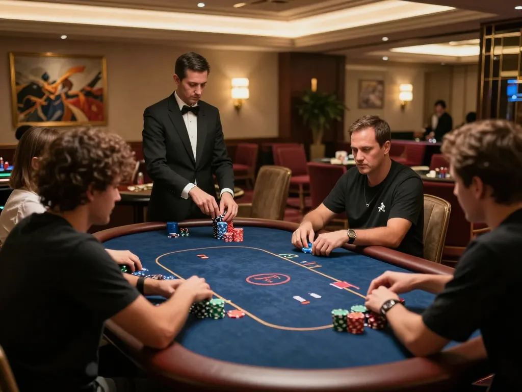 Engaging poker players strategizing their next moves at 98win's exclusive VIP casino table
