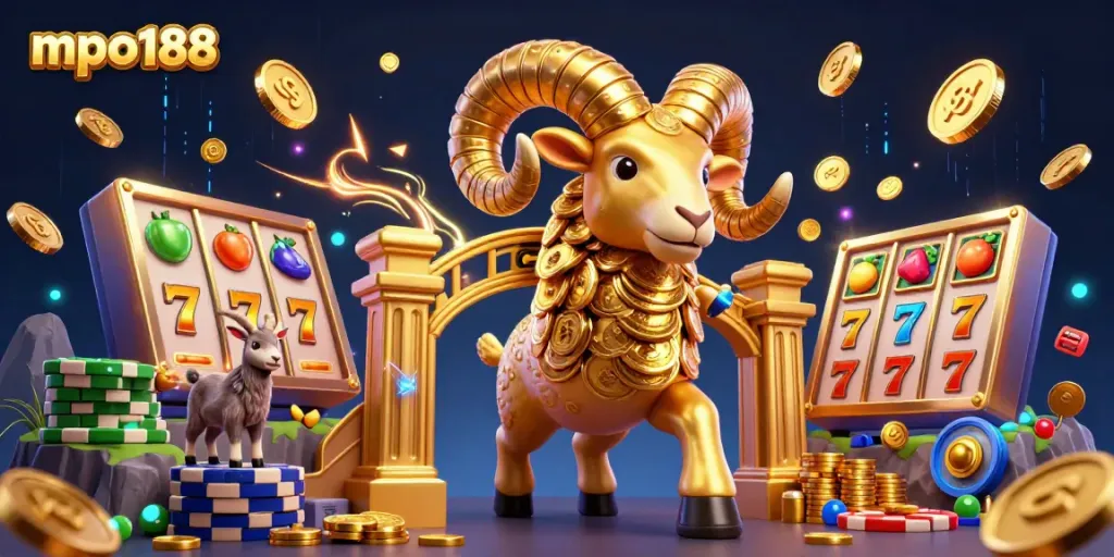 Permainan slot mpo188 dengan rams emas dan simbol keberuntungan bersinar dalam suasana kasino.