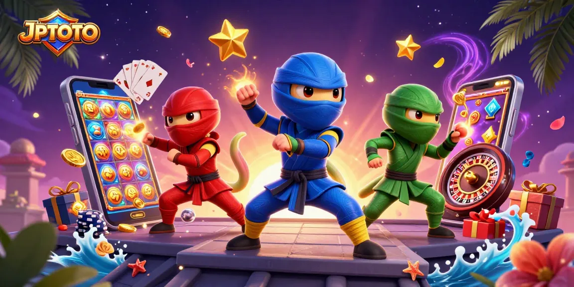 Win big with JPTOTO's vibrant slot games featuring dynamic 3D ninja chameleons on rooftops.